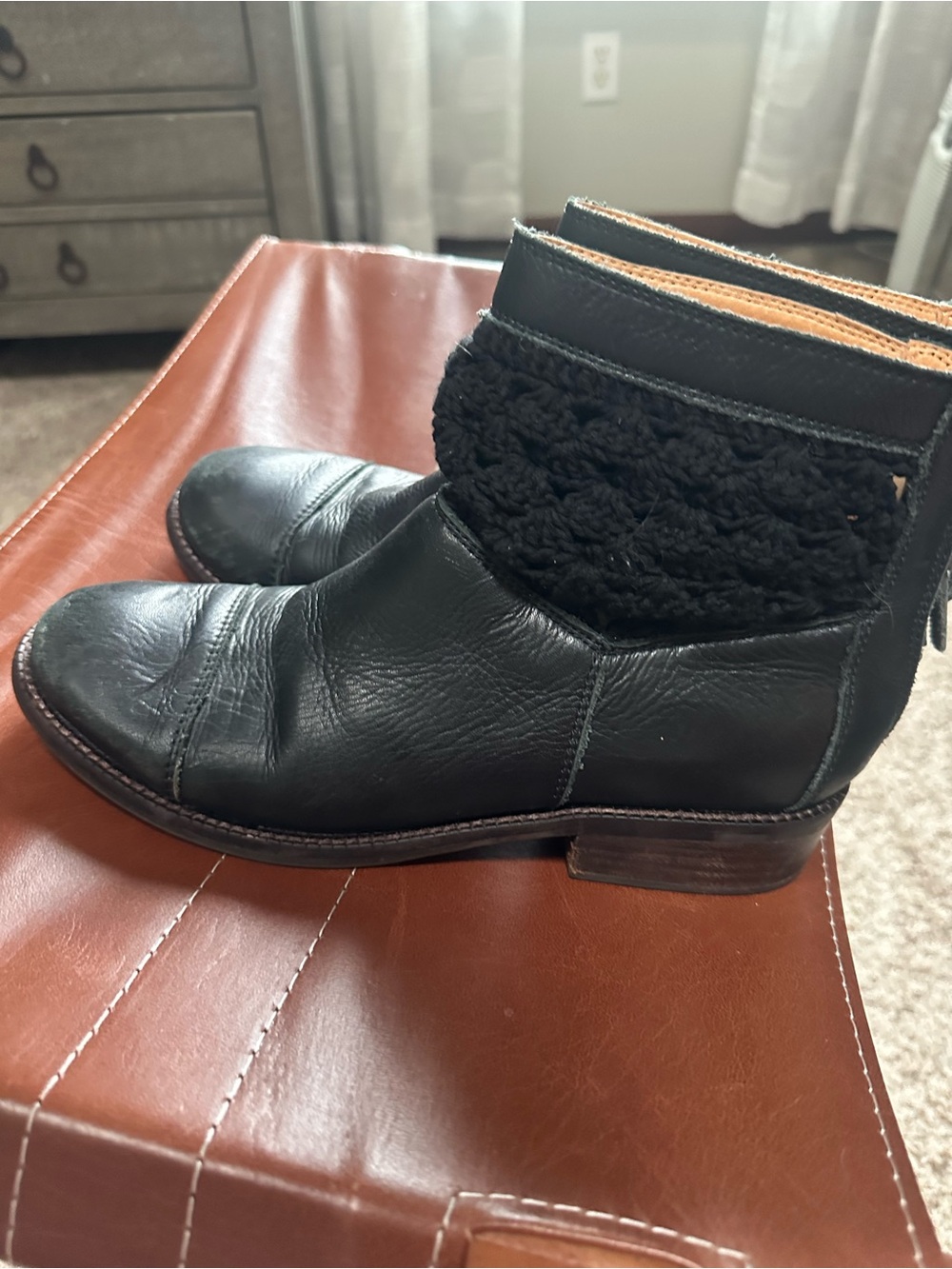 Latigo Black Leather Ankle Booties with Crochet Cuff